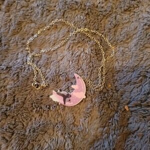 Pink Crescent Moon Cat Pendant Necklace - Women Jewelry